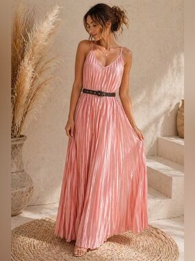 Pleated Pink Maxi Dress with V-Neck